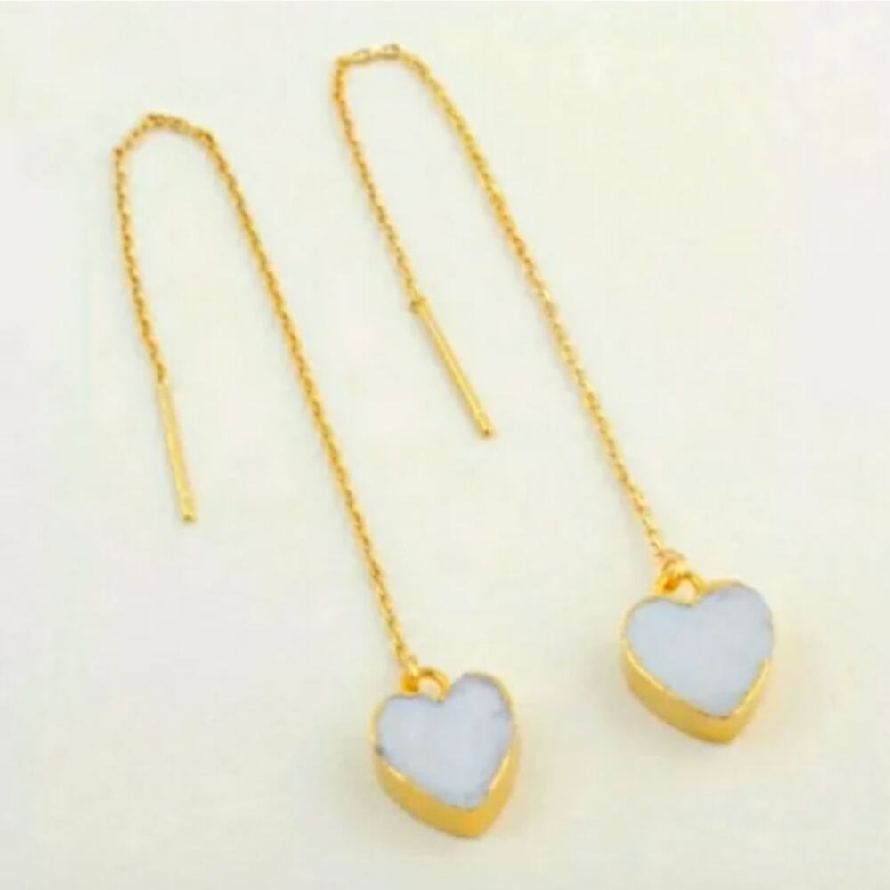 Gold Plated Heart Dangle Threader Earrings in White Shell New In Box